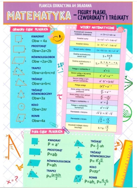 KARTA EDUKACYJNA 4 STRONY MATEMATYKA - FIGURY PŁASKIE, TRÓJKĄTY I CZWOROKĄTY
