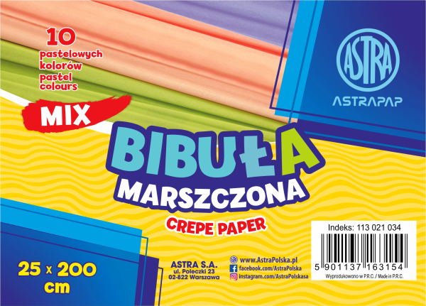 BIBUŁA MARSZCZONA ASTRAPAP 25*200CM MIX 10KOL PASTELOWYCH