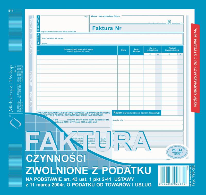 DRUK M FAKTURA 2/3 A4 CZYNNOŚCI ZWOLNIONE Z PODATKU NA PODSTAWIE ART.43UST.1 PKT.2-41