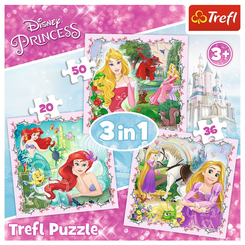 PUZZLE 3W1 TREFL ROSZPUNKA,AURORA I ARIELKA