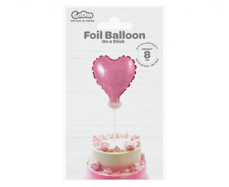 BALON FOLIOWY NA PATYCZKU 8CM SERCE RÓŻOWE