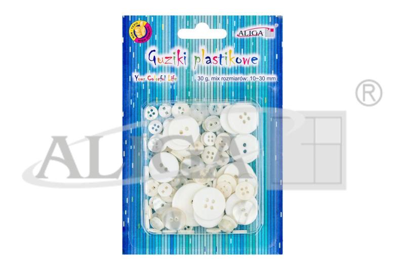 GUZIKI PLASTIKOWE GUZ-7580 BIAŁE MIX ROZM. 10-30MM 30G