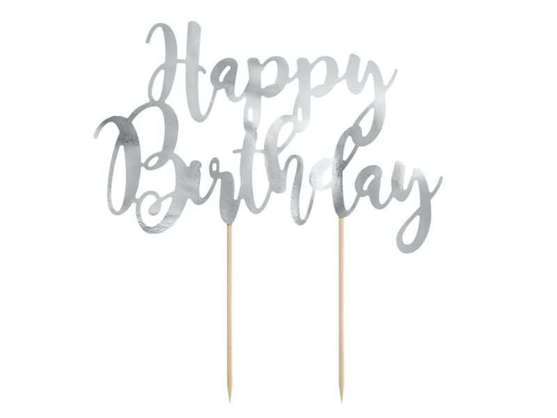 TOPPER NA TORT HAPPY BIRTHDAY SREBRNY