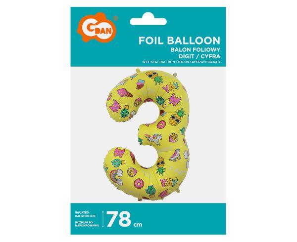 BALON FOLIOWY '3' OBRAZKI 78CM