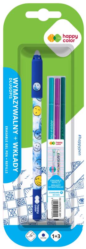 DŁUGOPIS WYMAZYWALNY SMILE 0,5MM NIEBIESKI 1SZT.+3 WKŁADY BLISTERHAPPY COLOR