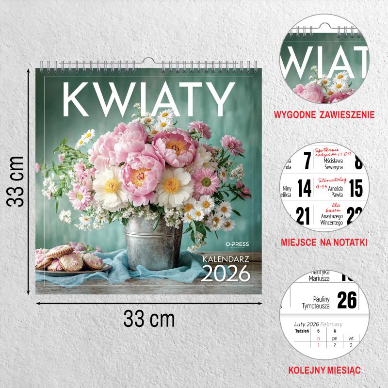 KALENDARZ ŚCIENNY 33X33 KWIATY AREX SPIRALA