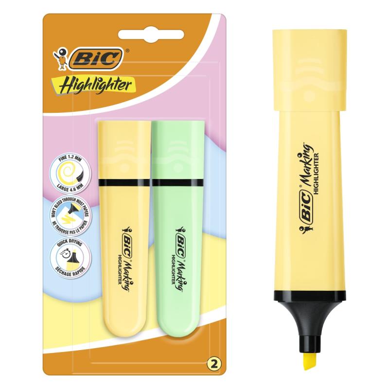 ZAKREŚLACZ BIC FLAT ŻÓŁTY/ZIELONY PASTEL A2 BLISTER