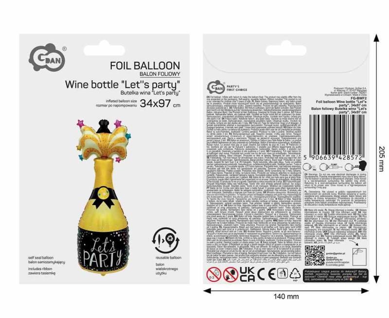BALON FOLIOWY BUTELKA WINA LETS PARTY, 34x97cm