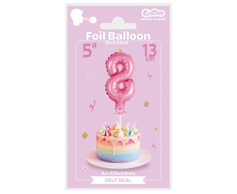 BALON FOLIOWY NA PATYCZKU 13CM CYFRA 8 RÓŻOWA