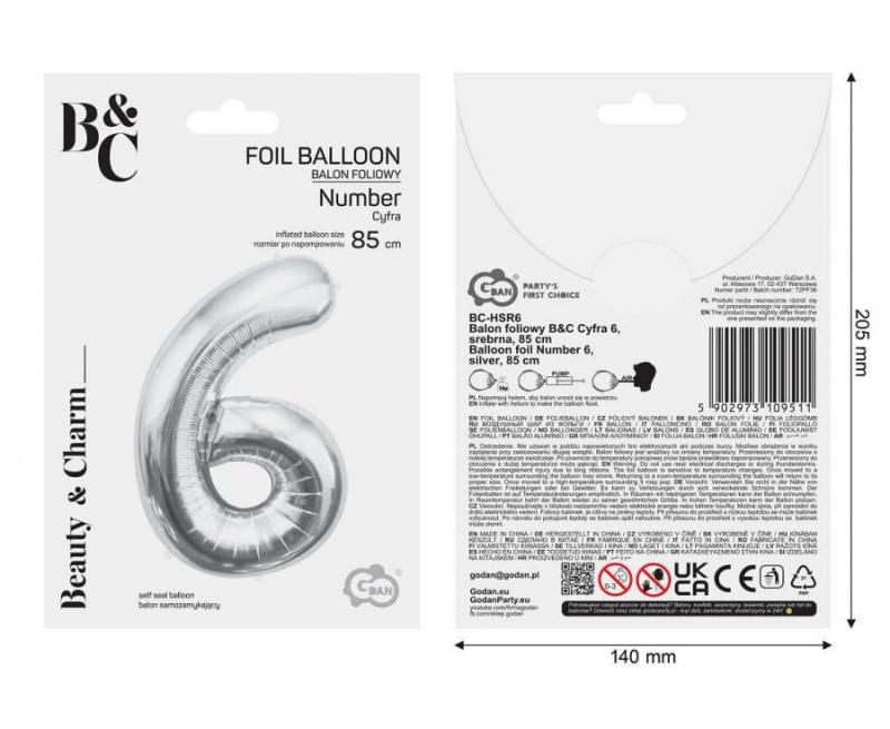 BALON FOLIOWY B&C CYFRA 6 SREBRNA 85CM