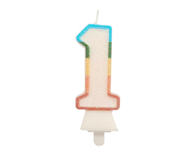ŚWIECZKA CYFERKA 1 TĘCZOWA BROKAT 8,5CM