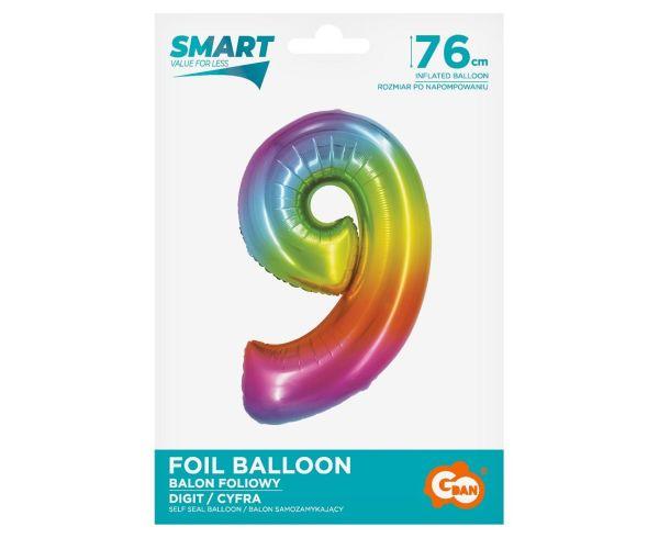 BALON FOLIOWY SMART '9' TĘCZOWY 76CM