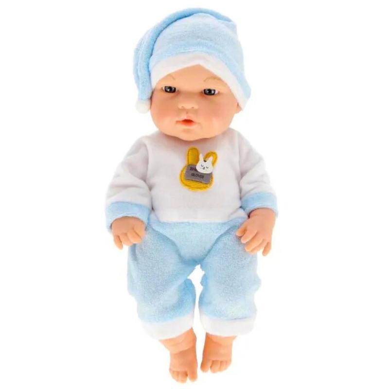 LALKA BOBAS W NIEBIESKIEJ PIŻAMCE CZAPECZKA RUCHOME RĄCZKI NÓŻKI 30CM