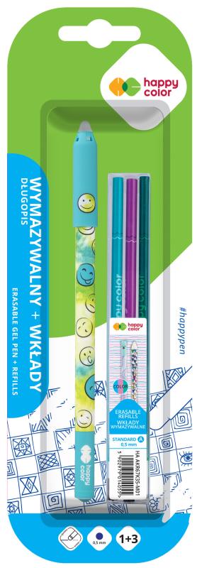 DŁUGOPIS WYMAZYWALNY SMILE 0,5MM NIEBIESKI 1SZT.+3 WKŁADY BLISTERHAPPY COLOR