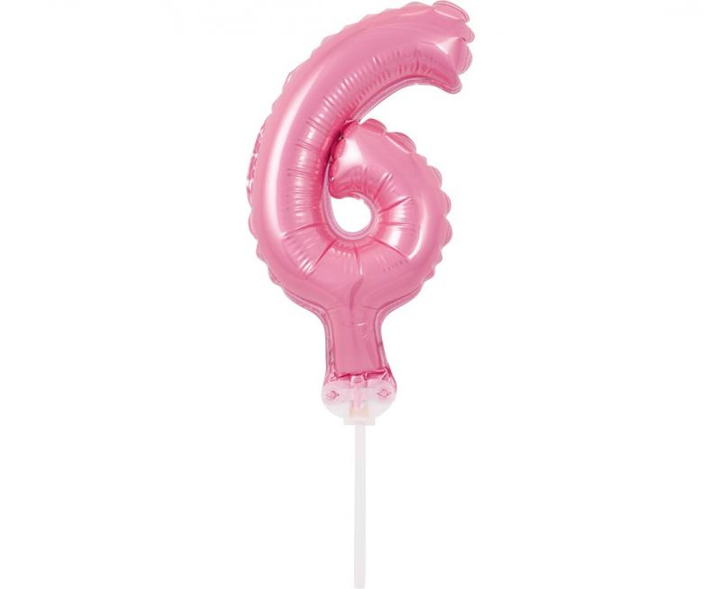 BALON FOLIOWY NA PATYCZKU 13CM CYFRA 6 RÓŻOWA
