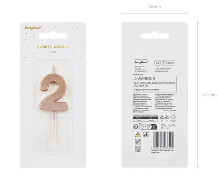 ŚWIECZKA CYFERKA 2 RÓŻOWE ZŁOTO 4,5CM