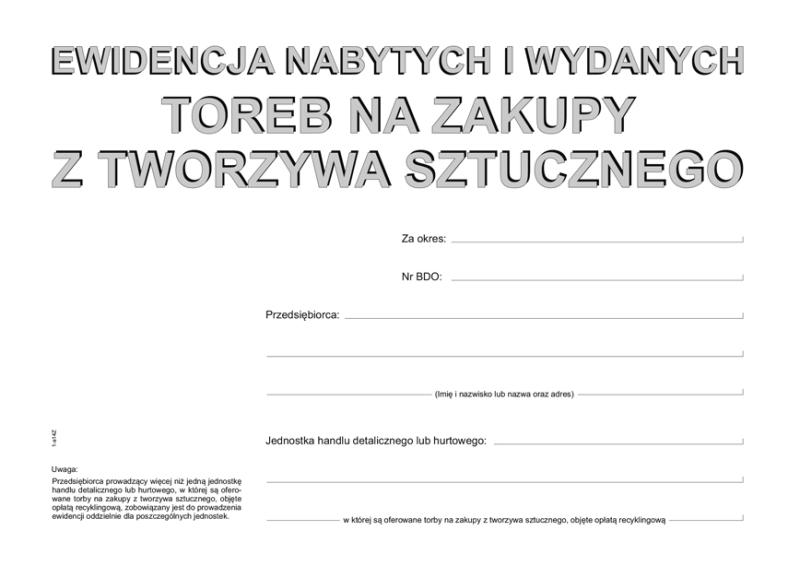 DRUK M EWIDENCJA NABYCIA I WYDOBYCIA TOREB NA ZAKUPY Z TWORZYWA SZTUCZNEGO A5