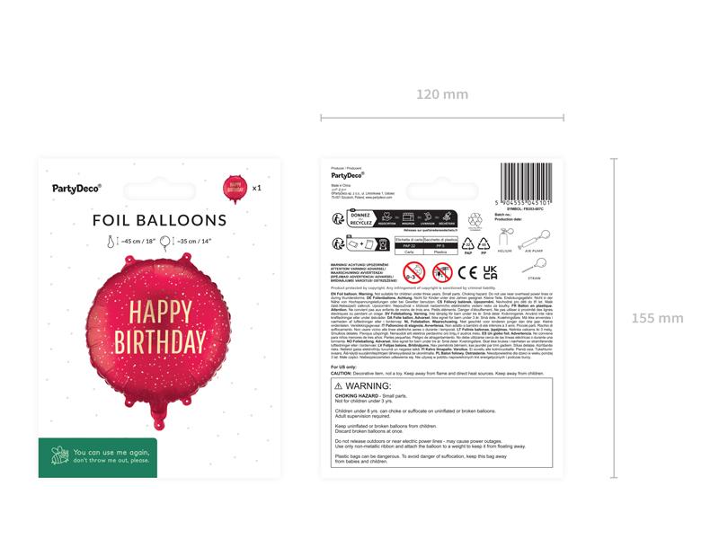 BALON FOLIOWY PASTYLKA HAPPY BIRTHDAY 35X35CM CIEMNY CZERWONY