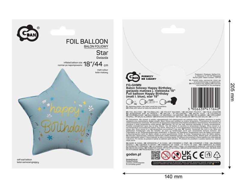 BALON FOLIOWY HAPPY BIRTHDAY GWIAZDA MATOWA JASNA NIEBIESKA