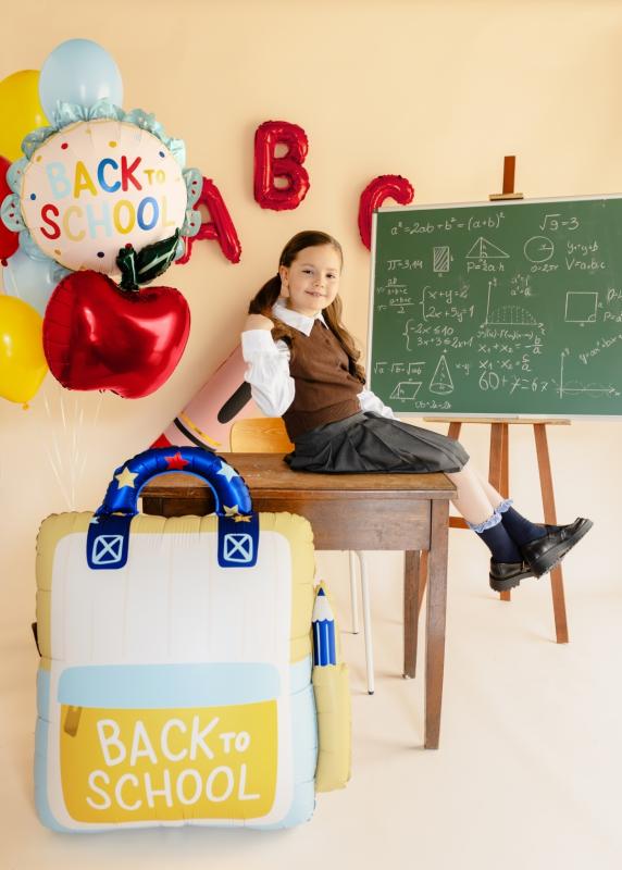BALON FOLIOWY PASTYLKA Z FALBANKĄ BACK TO SCHOOL 52X52CM KRMOWO-NIEBIESKI