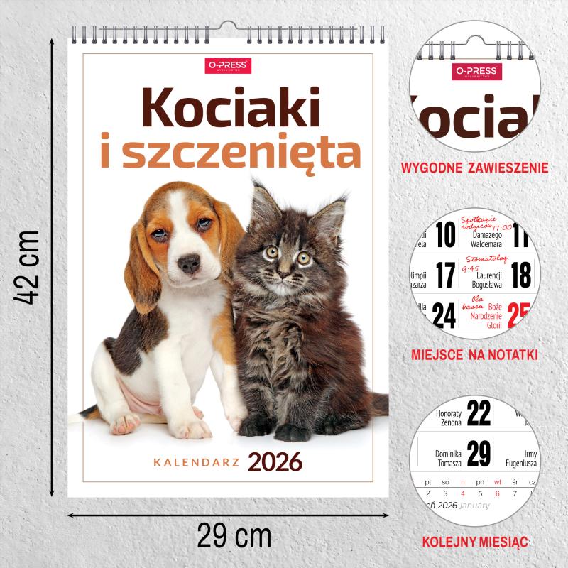 KALENDARZ ŚCIENNY A3 KOCIĘTA SZCZENIĘTA AREX SPIRALA