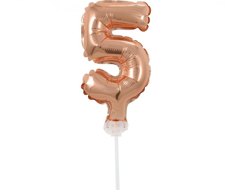 BALON FOLIOWY NA PATYCZKU 13CM CYFRA 5 RÓŻOWO-ZŁOTA