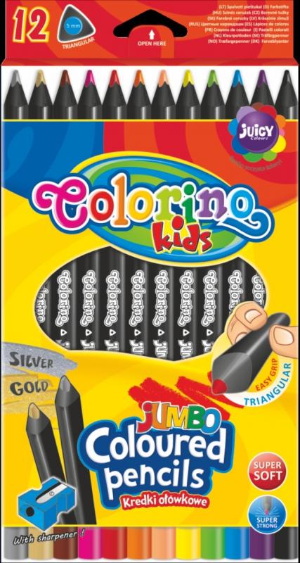 KREDKI OŁÓWKOWE 12 COLORINO TRÓJĄTNE 17,5CM JUMBO CZARNE DREWNO + TEMP