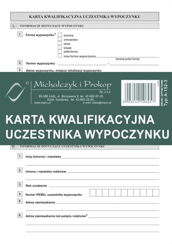 DRUK M KARTA KWALIFIKACJI UCZESTNIKA WYPOCZYNKU A5 A/20