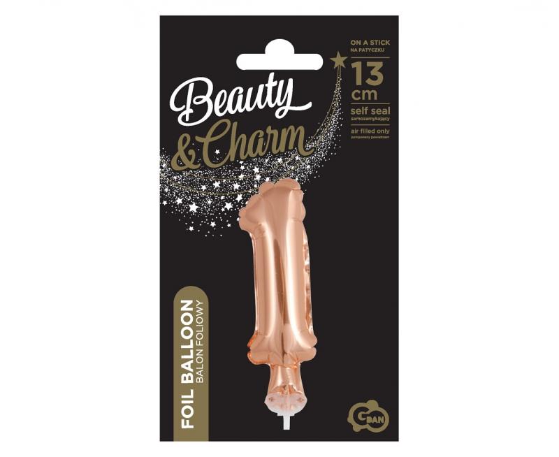BALON FOLIOWY NA PATYCZKU 13CM CYFRA 1 RÓŻOWO-ZŁOTA