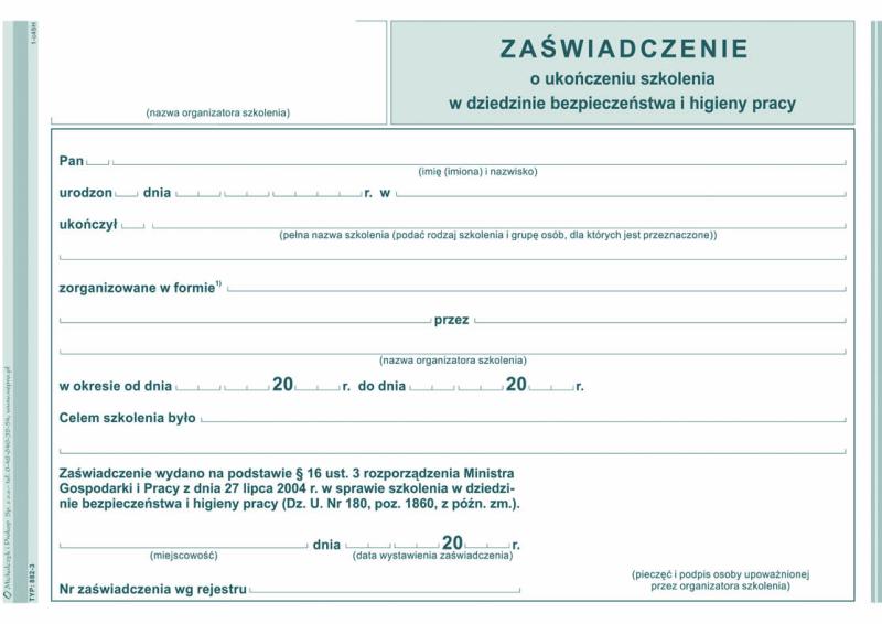 DRUK M ZAŚWIADCZENIE O UKOŃCZENIU SZKOLENIA BHP