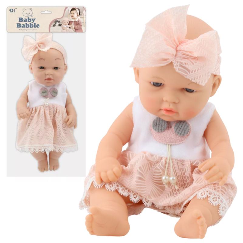 LALKA BOBAS W RÓŻOWEJ SUKIENCE OPASKA RUCHOME RĄCZKI NÓŻKI 30CM