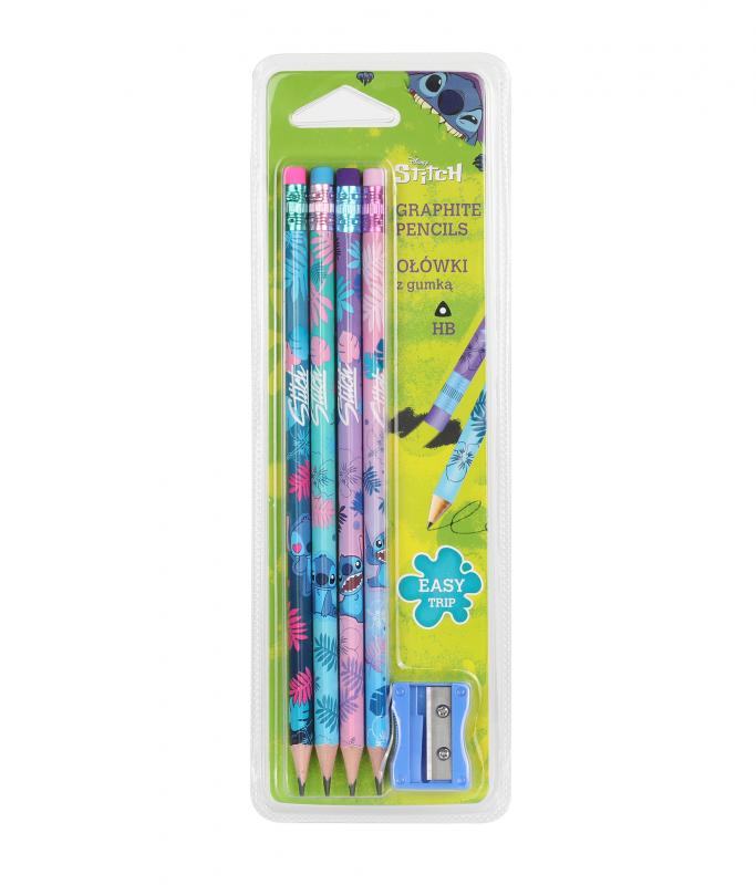 OŁÓWKI TRÓJKĄTNE Z GUMKĄ + TEMPERÓWKA, DISNEY CORE STITCH BLISTER 4 SZT.