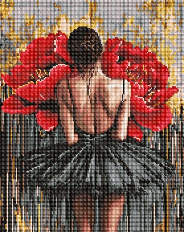ZESTAW DO MOZAIKI DIAMENTOWEJ BEZ RAMY BALETNICA Z CZERWONYMI PIWONIAMI 40X50CM