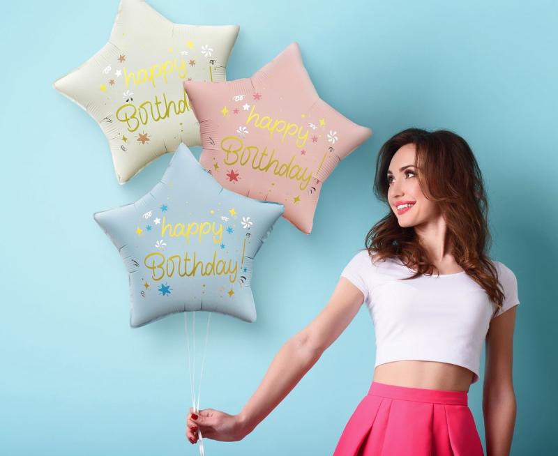 BALON FOLIOWY HAPPY BIRTHDAY GWIAZDA MATOWA BIAŁA