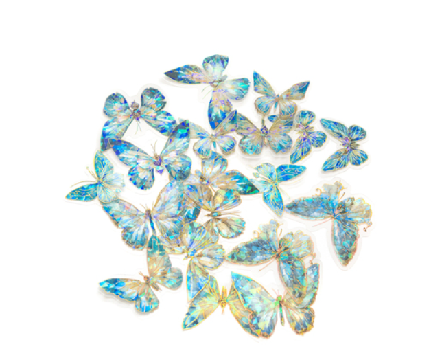 NAKLEJKI POŁYSKUJĄCE PET MOTYLE 20SZT BLUE STARDUST