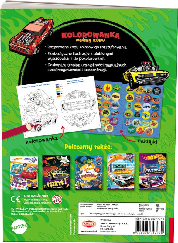 KSIĄŻECZKA MATTEL HOT WHEELS. KOLOROWANKA WEDŁUG KODU