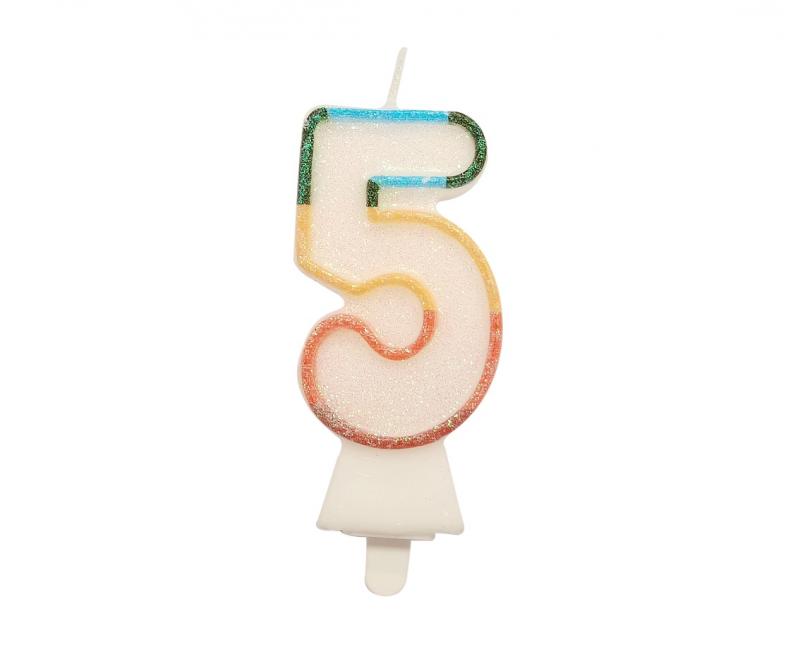 ŚWIECZKA CYFERKA 5 TĘCZOWA BROKAT 8,5CM
