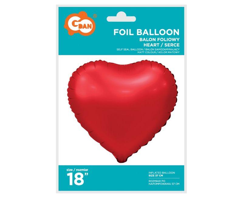 BALON FOLIOWY SERCE, MATOWE, CZERWONE, 18 cali AA