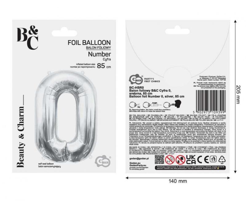 BALON FOLIOWY B&C CYFRA 0 SREBRNA 85CM