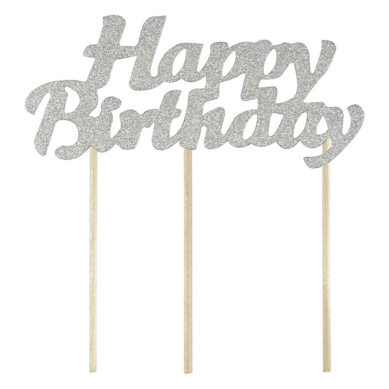 DEKORACJA TORTU HAPPY BIRTHDAY SREBRNA