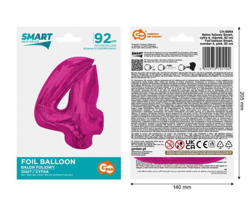 BALON FOLIOWY SMART CYFRA 4 RÓŻOWA 92CM