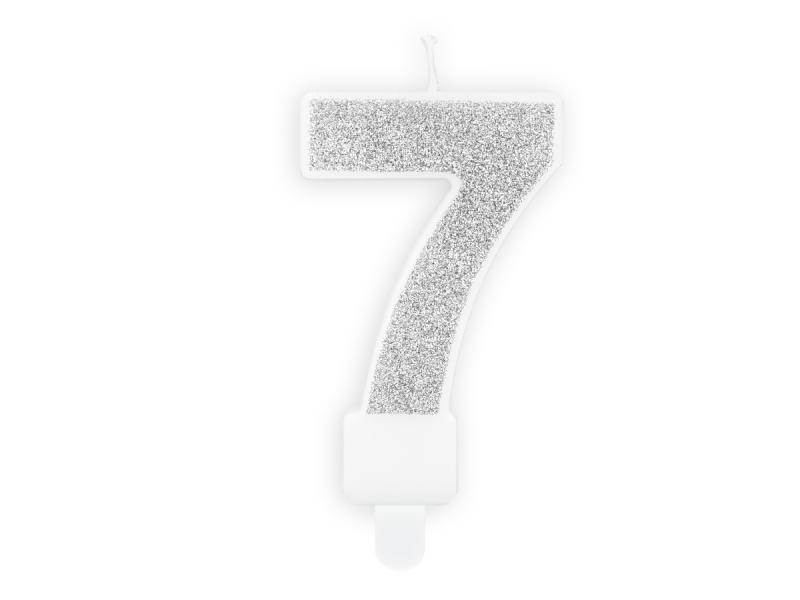 ŚWIECZKA CYFERKA 7 SREBRNA BROKAT