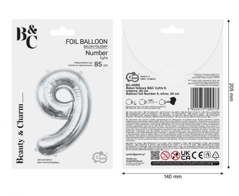 BALON FOLIOWY B&C CYFRA 9 SREBRNA 85CM