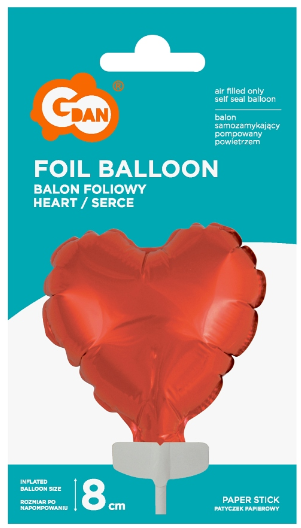 BALON FOLIOWY 8CM SERCE NA PATYCZKU CZERWONE