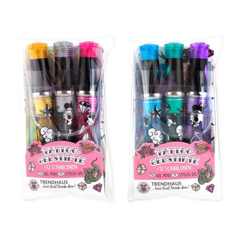 DŁUGOPISY ŻELOWE TATTTOO STUDIO GLITTER 10,6CM ZESTAW 3 SZT ZE WZORNIKIEM