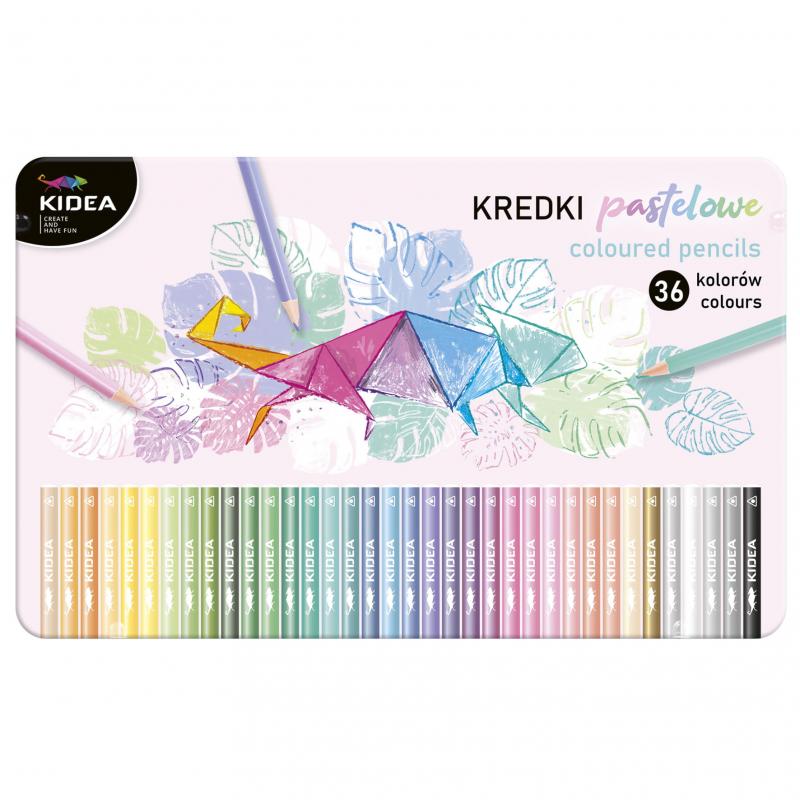 KREDKI 36 TRÓJKĄTNE PASTELOWE METALOWE PUDEŁKO KIDEA