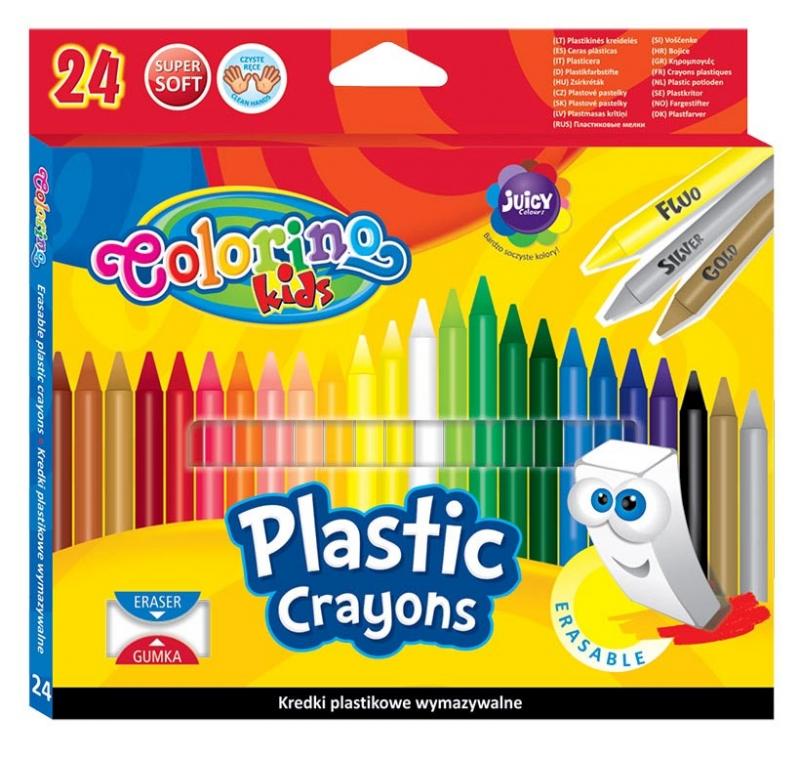 KREDKI ŚWIECOWE OKRĄGŁE PLASTIKOWE WYMAZYWALNE Z GUMKĄ 24 KOL.COLORINO