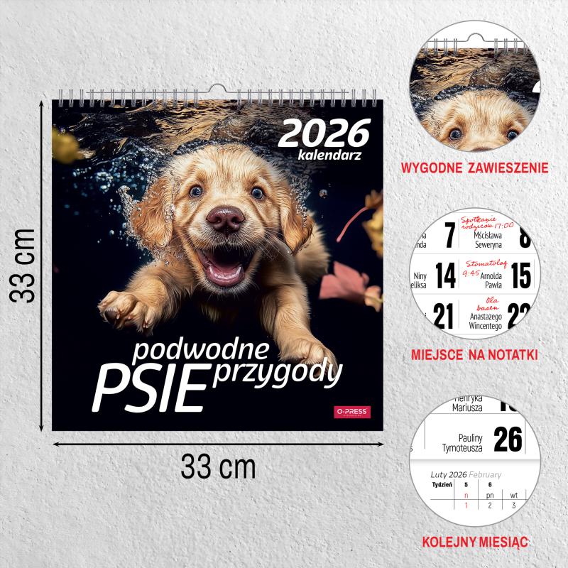 KALENDARZ ŚCIENNY 33X33 PSY AREX SPIRALA PODWODNE PRZYGODY
