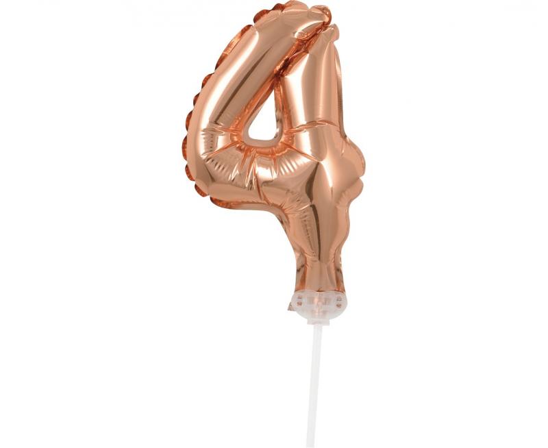 BALON FOLIOWY NA PATYCZKU 13CM CYFRA 4 RÓŻOWO-ZŁOTA
