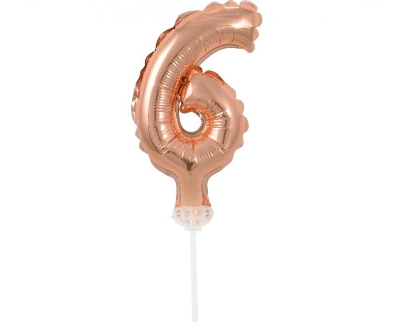 BALON FOLIOWY NA PATYCZKU 13CM CYFRA 6 RÓŻOWO-ZŁOTA